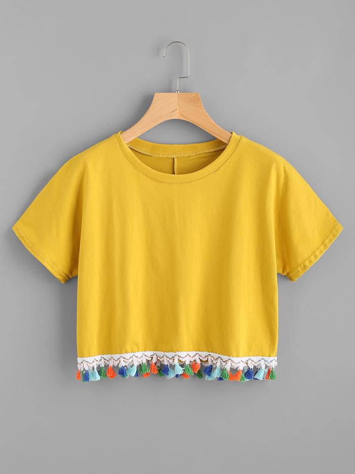 Shein Contrast Tassel Hem Tee