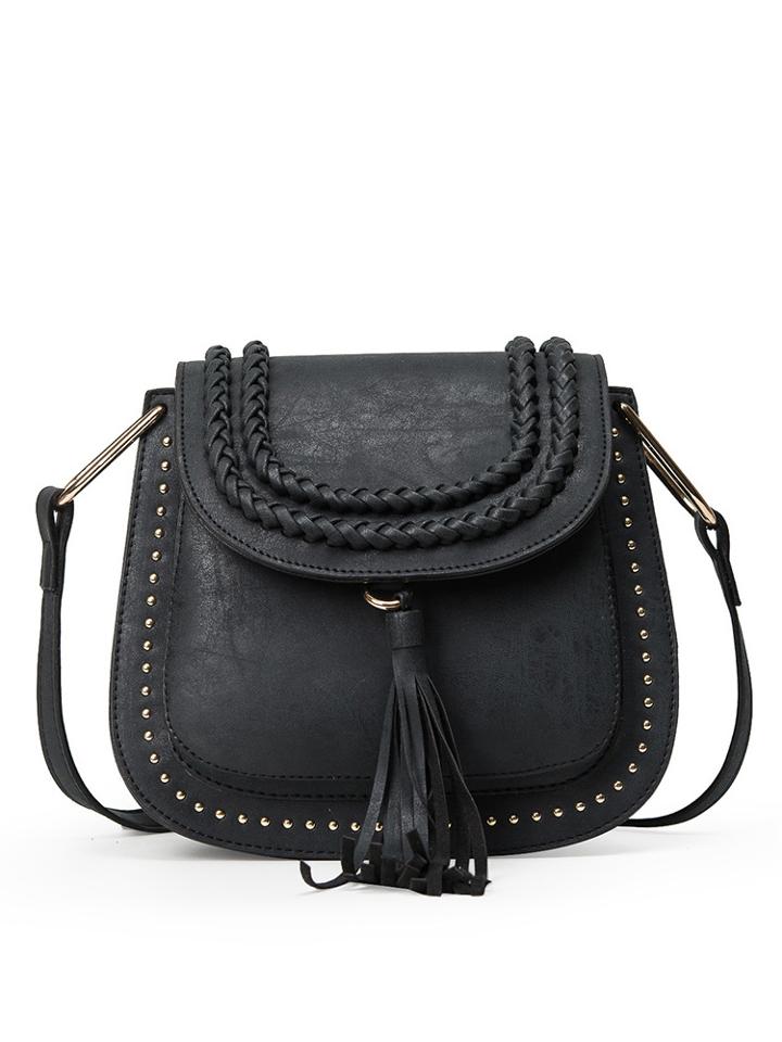 Shein Braided Tassel Trimmed Studded Saddle Bag - Black
