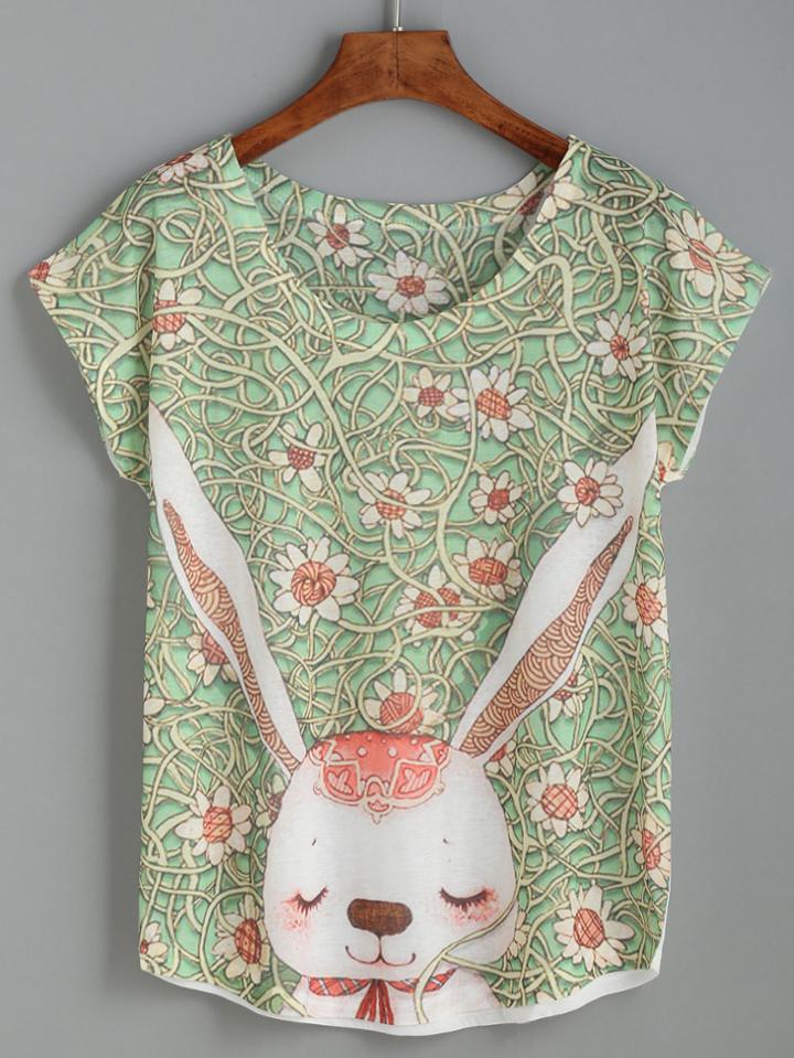 Shein Rabbit And Vine Print Tee