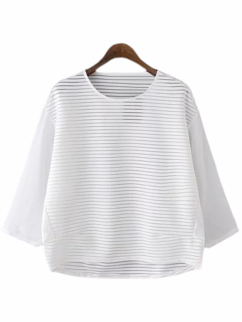 Shein White Dip Hem See-through Stripe Loose Blouse