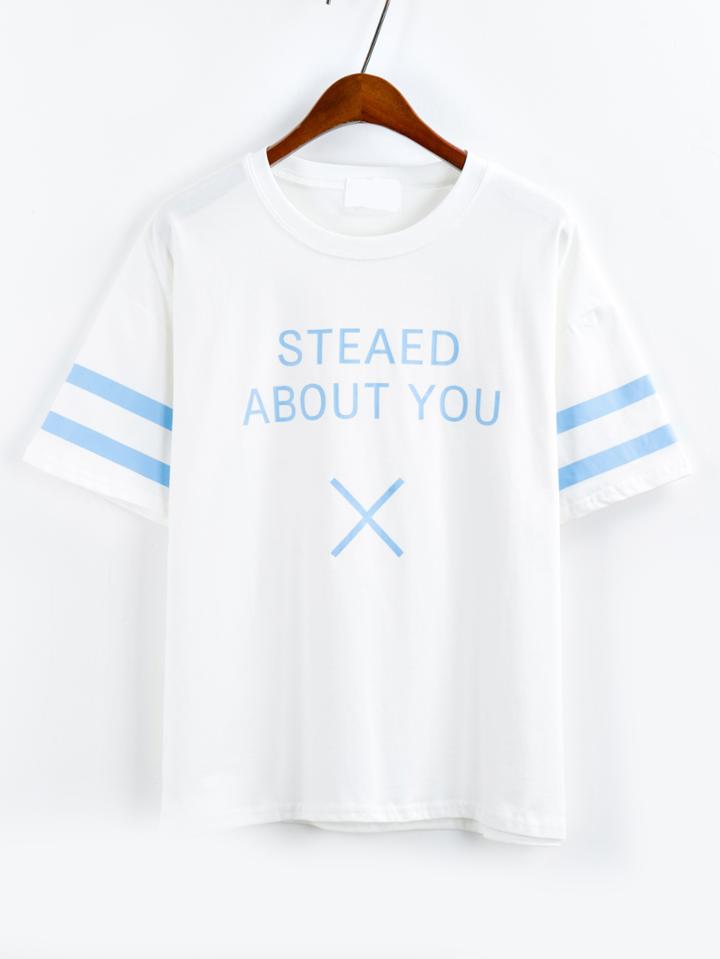 Shein Letter Print Striped Sleeve T-shirt - White