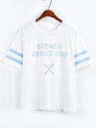 Shein Letter Print Striped Sleeve T-shirt - White