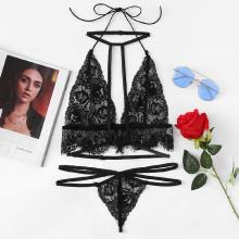 Shein Eyelash Lace Scallop Trim Strappy Underwire Set