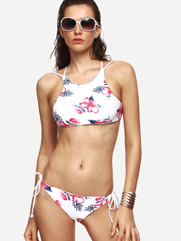 Shein White Flower Print Caged Back Bikini Set