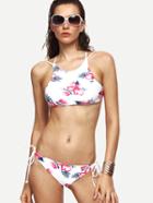 Shein White Flower Print Caged Back Bikini Set