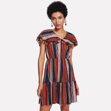 Shein Tassel Detail Cape Sleeve Striped Dress