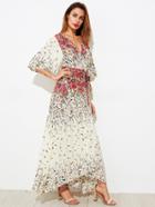 Shein Flower Print Kimono Sleeve Surplice Wrap Dress