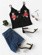 Shein Rose Patch Lace Up Front Ribbed Cami Top