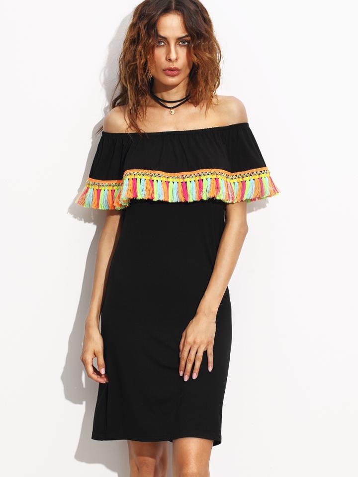 Shein Black Off The Shoulder Tassel Sheath Dress