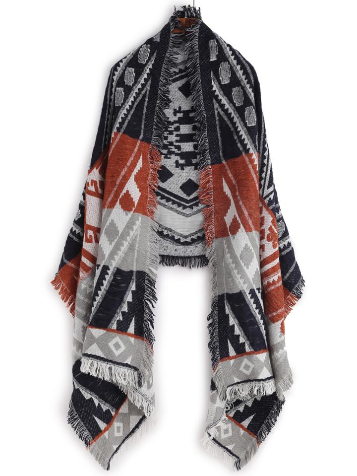 Shein Black And Brown Tribal Print Fringe Shawl Scarf
