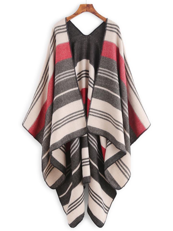 Shein Beige Contrast Stripe Warm Poncho Scarf