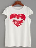 Shein Red Lips Print Cap Sleeve White T-shirt