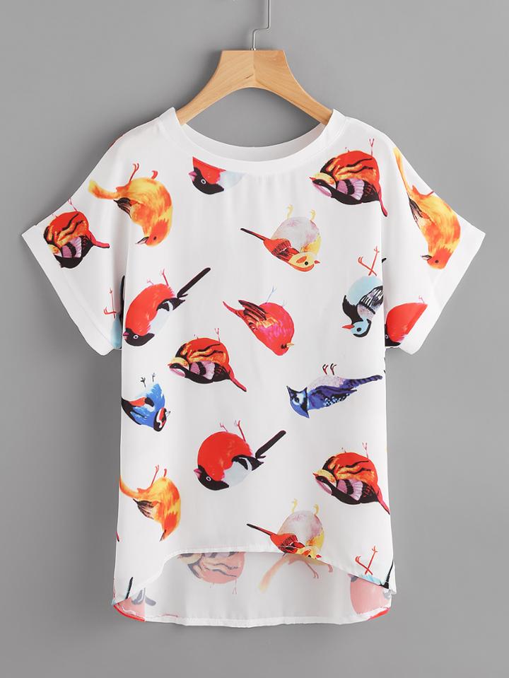 Shein Random Birds Print Dip Hem Tee
