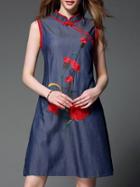 Shein Navy Collar Embroidered Denim Shift Dress