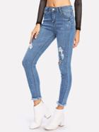 Shein Faux Pearl Detail Frayed Hem Ripped Jeans