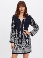 Shein Zip Neckline Vine Print Tunic Dress