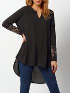 Shein Black V Neck Lace Split Sleeve Dip Hem Shirt Dress