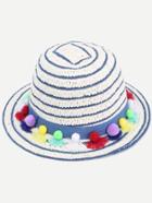 Shein White Striped Pom Pom Embellished Straw Bucket Hat