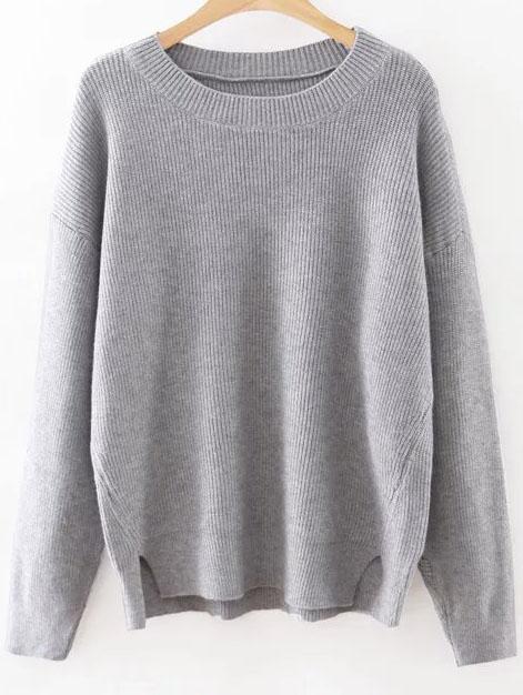 Shein Grey Round Neck Ribbed Split Side Knitwear
