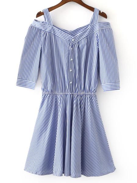 Shein Blue White Stripe Elastic Waist Cold Shoulder Dress