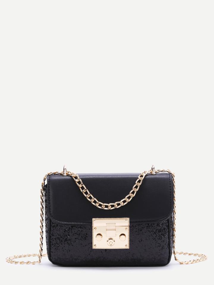 Shein Black Sequin Detail Pu Chain Bag