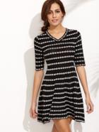 Shein Black V Neck Elbow Sleeve Print A-line Dress