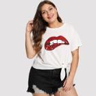 Shein Plus Knot Hem Sequin Red Lip T-shirt