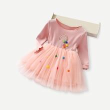 Shein Toddler Girls Contrast Mesh Hem Pom Pom Detail Dress
