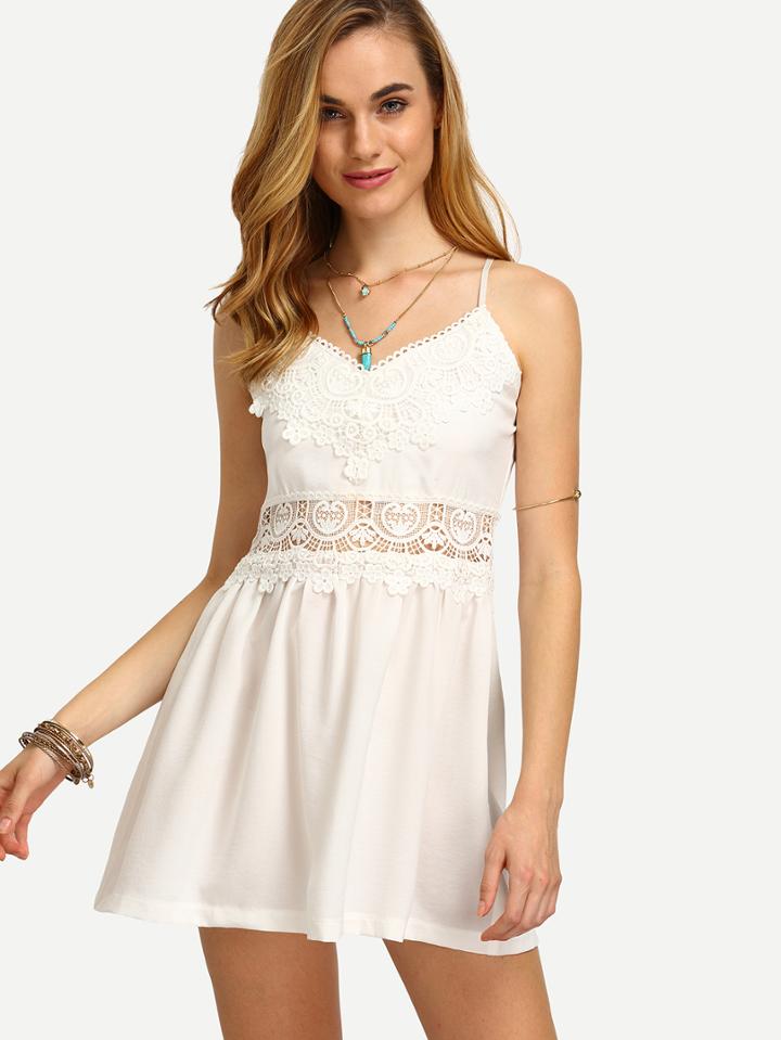 Shein White Spaghetti Strap Crochet Panel Dress