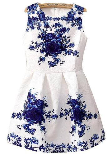 Shein White Sleeveless Porcelain Print Flare Dress