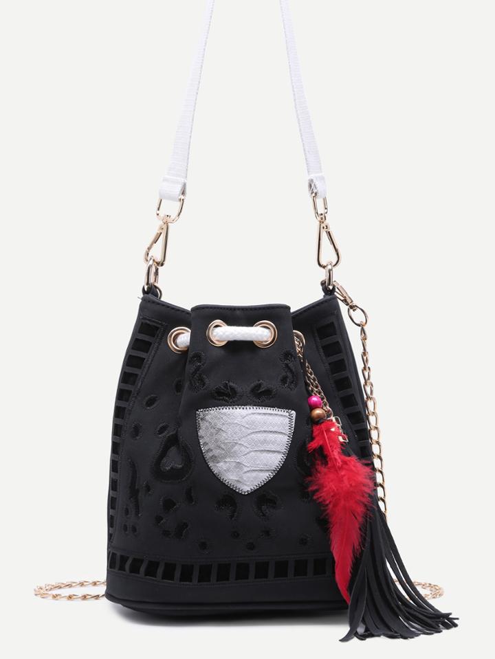 Shein Black Embroidered Bohemian Bucket Bag With Convertible Strap