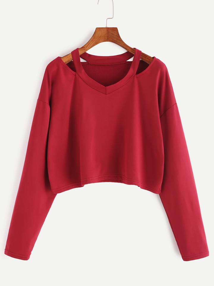 Shein Burgundy Cut Out Neck Crop T-shirt