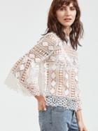 Shein White Bell Sleeve Hollow Out Embroidered Lace Top