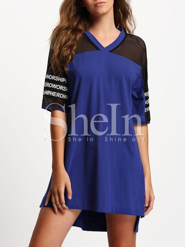Shein Royal Blue Mesh Contrast Letter Ptint Dip Hem Dress