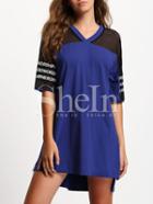 Shein Royal Blue Mesh Contrast Letter Ptint Dip Hem Dress