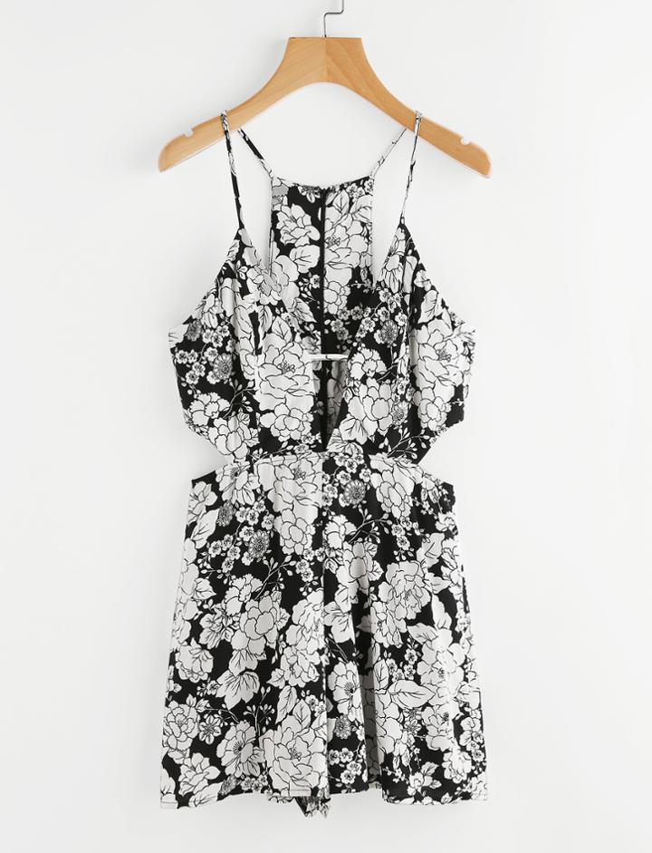 Shein Plunging Cut Out Detail Seamless Pattern Cami Romper