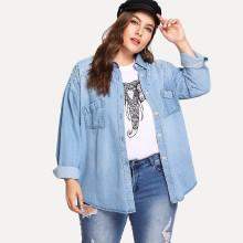 Shein Plus Faux Pearl Decoration Drop Shoulder Denim Shirt