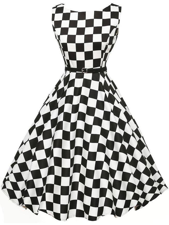 Shein Black Plaid Sleeveless Flare Dress With Belt