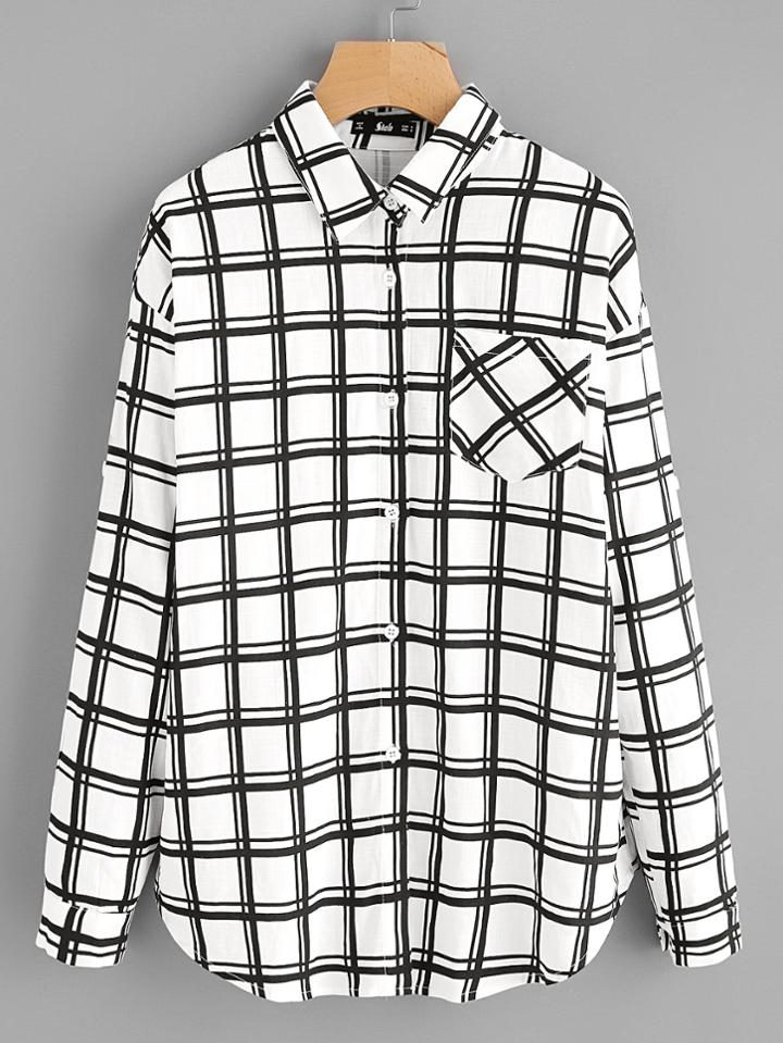 Shein Single Pocket Roll Tab Sleeve Grid Shirt