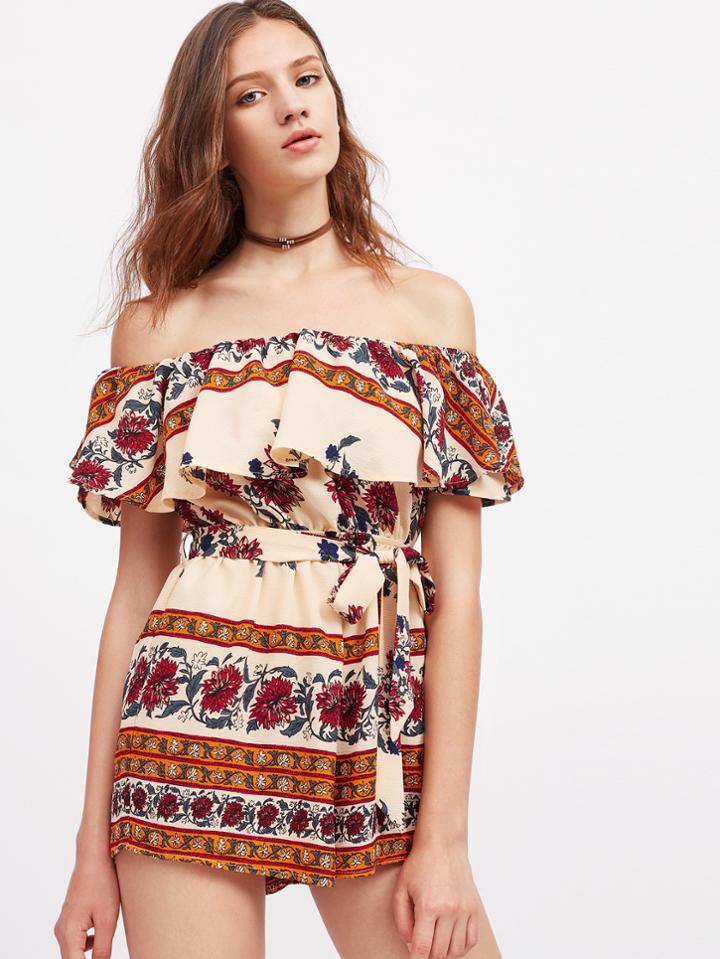 Shein Flounce Layered Neckline Tie Waist Playsuit