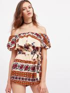 Shein Flounce Layered Neckline Tie Waist Playsuit