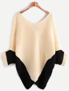 Shein Color Block Double V Neck Batwing Sleeve Sweater