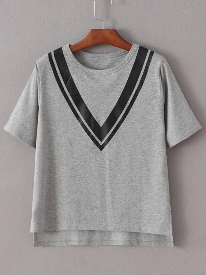 Shein Grey V Printed High Low Split Side T-shirt