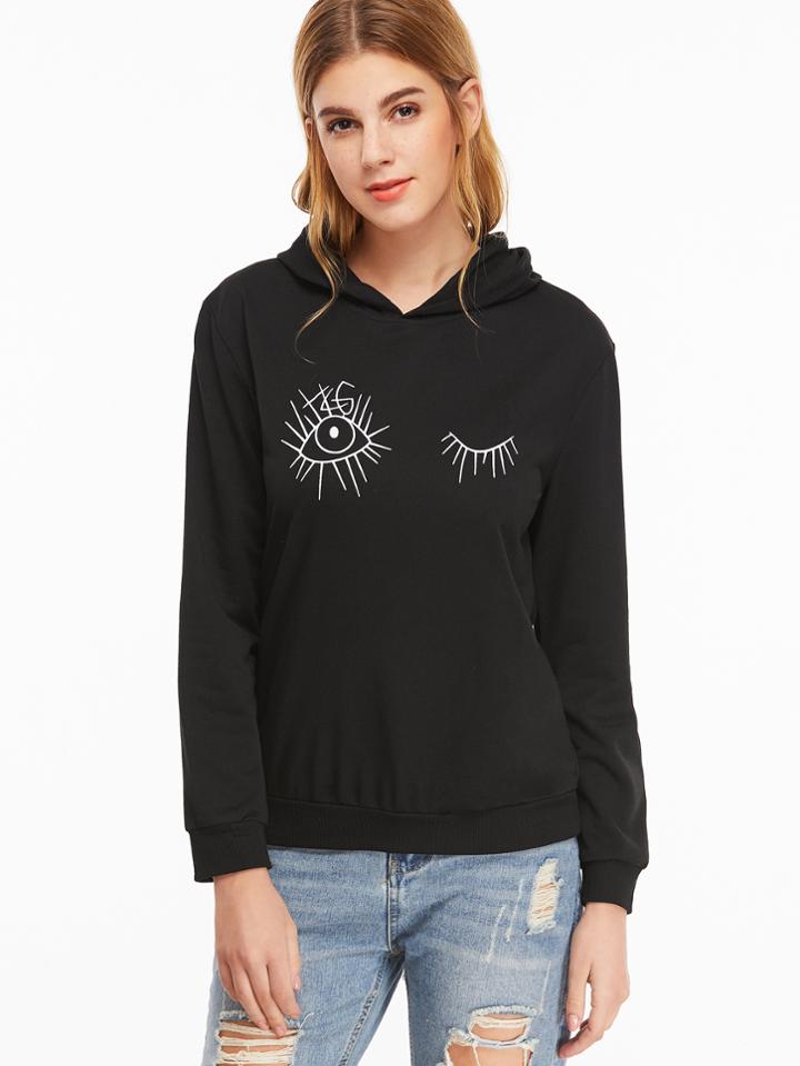 Shein Black Hooded Eyes Print Sweatshirt