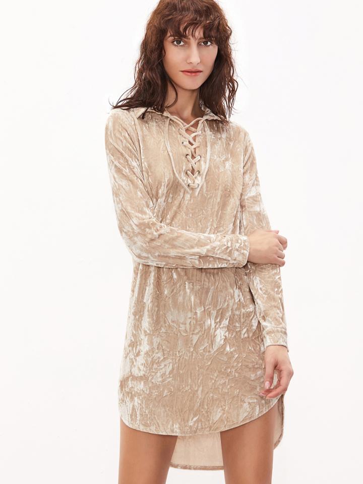 Shein Apricot Lace Up Front High Low Crushed Velvet Dress