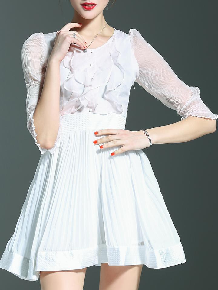 Shein White Ruffle Sheer Pleated A-line Dress