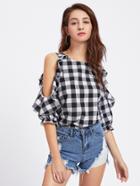 Shein Open Shoulder Frill Trim Check Plaid Blouse