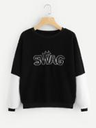 Shein Letter Embroidered Contrast Panel Faux Shearling Pullover