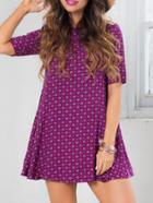 Shein Purple Half Sleeve Floral Houndstooth Print Dress