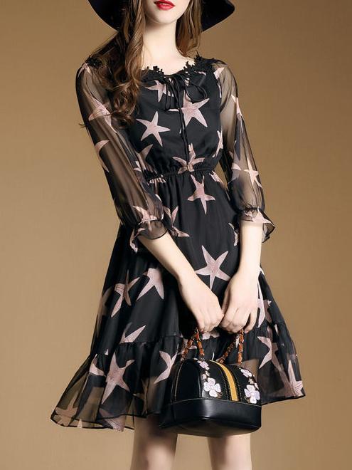Shein Black Sheer Stars Print A-line Dress